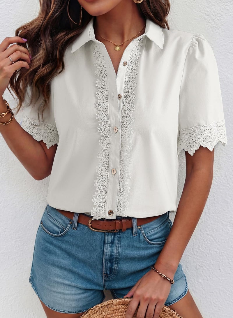 Dokotoo Dressy Tops for Women Blouses for Women Cotton Linen Button Down Shirts Short Sleeve Business Dressy Casual Spring Summer Boho Tops Fashion Clothing White Large - Image 2