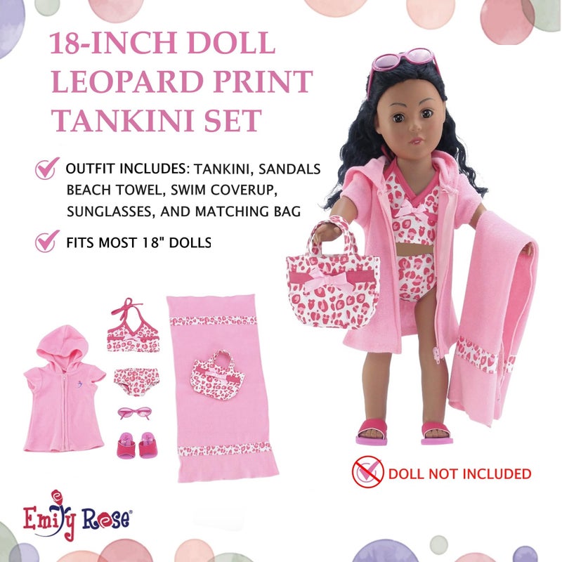 Emily Rose ملابس دمية إميلي روز بطول 18 بوصة مجموعة هدايا 6 قطع بدلة سباحة تانكيني مع نظارات شمسية، حقيبة، وصنادل | متوافقة مع دمى الفتاة الأمريكية بطول 18 بوصة | الدمية غير مشمولة | عمل أمريكي - Image 3