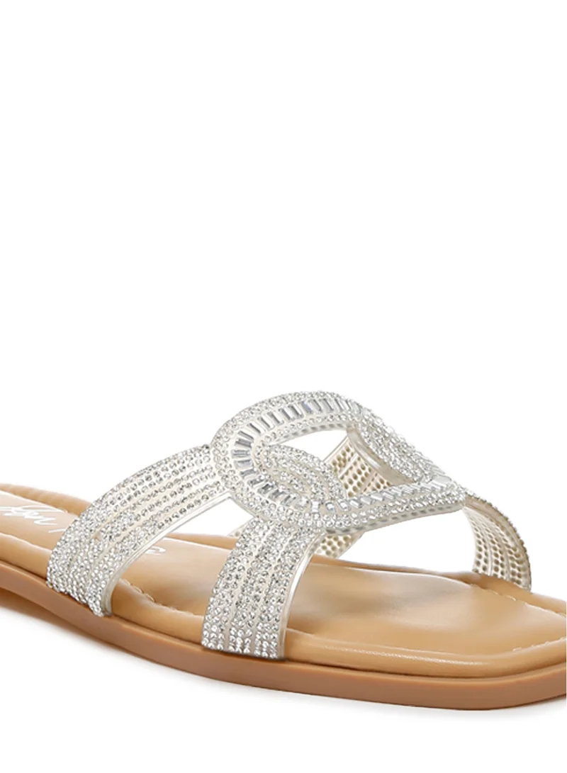 London Rag Rhinestones Embellished Flat Sandals in Silver