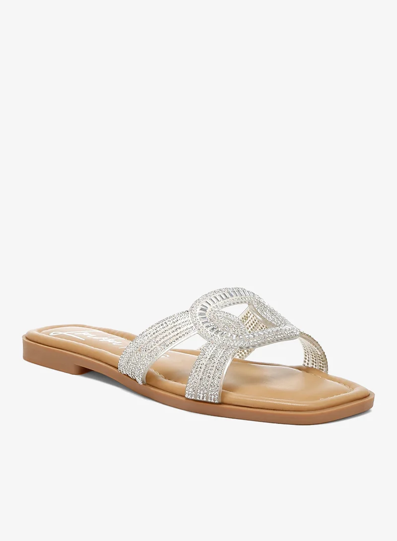 London Rag White and Silver Rhinestones Embellished Flat Sandals in Silver for Women | Best Price UAE