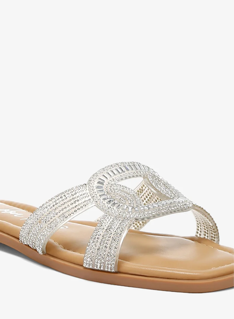 London Rag White and Silver Rhinestones Embellished Flat Sandals in Silver for Women | Best Price UAE