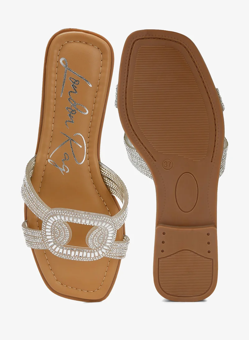 London Rag White and Silver Rhinestones Embellished Flat Sandals in Silver for Women | Best Price UAE