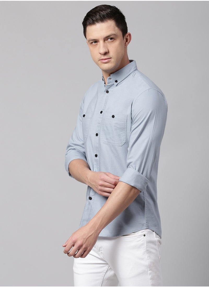 Dennis Lingo قميص رجالي كاجوال من القطن غير الشفاف بقصّة Slim Fit باللون الأزرق  - Image 3