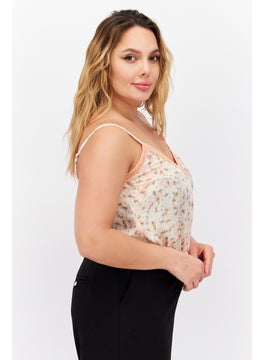Planet Gold Women V Neck Cap Sleeveless Floral Print Top, Biege  - Image 2