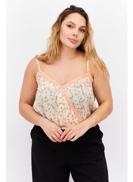 Planet Gold Women V Neck Cap Sleeveless Floral Print Top, Biege  - Image 1