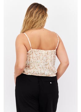 Planet Gold Women V Neck Cap Sleeveless Floral Print Top, Biege  - Image 3