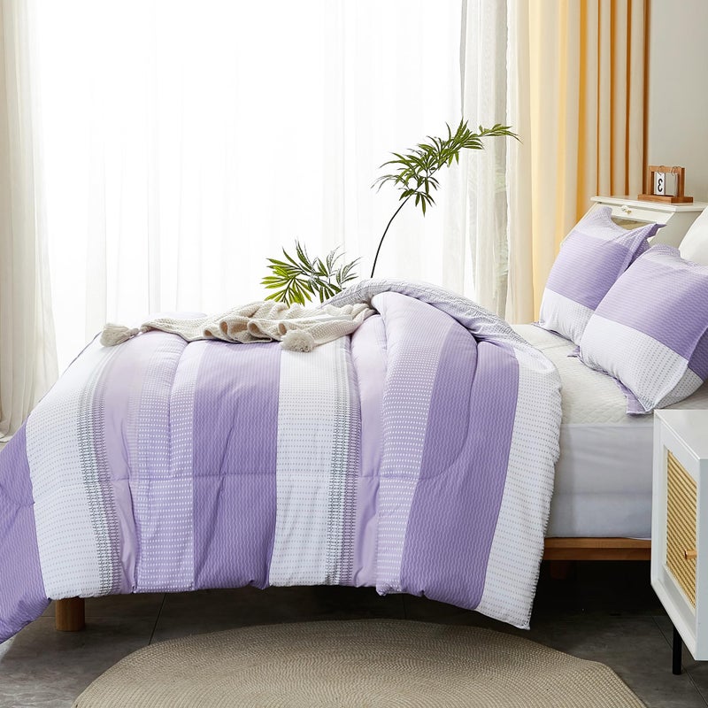 Litanika Litanika Lavender Comforter Set Queen - 3 Pieces Lightweight Lavender Purple White Colorblock Stripe Fluffy Bedding Comforter Sets  All Season Bed Set  - Image 3