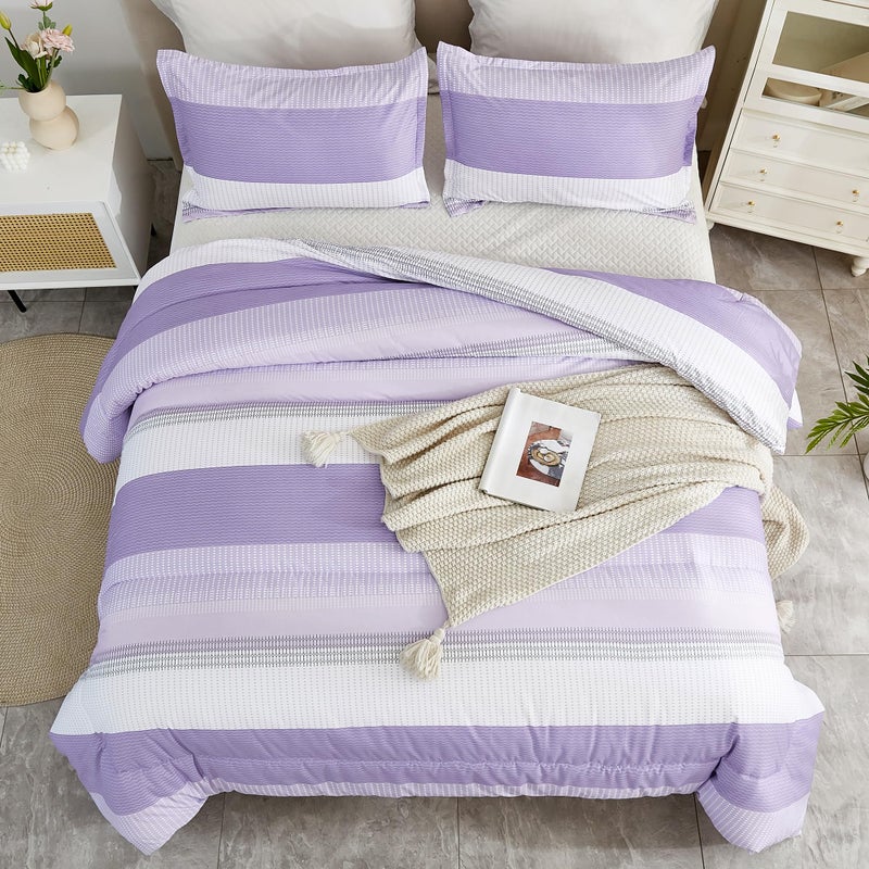 Litanika Litanika Lavender Comforter Set Queen - 3 Pieces Lightweight Lavender Purple White Colorblock Stripe Fluffy Bedding Comforter Sets  All Season Bed Set  - Image 2