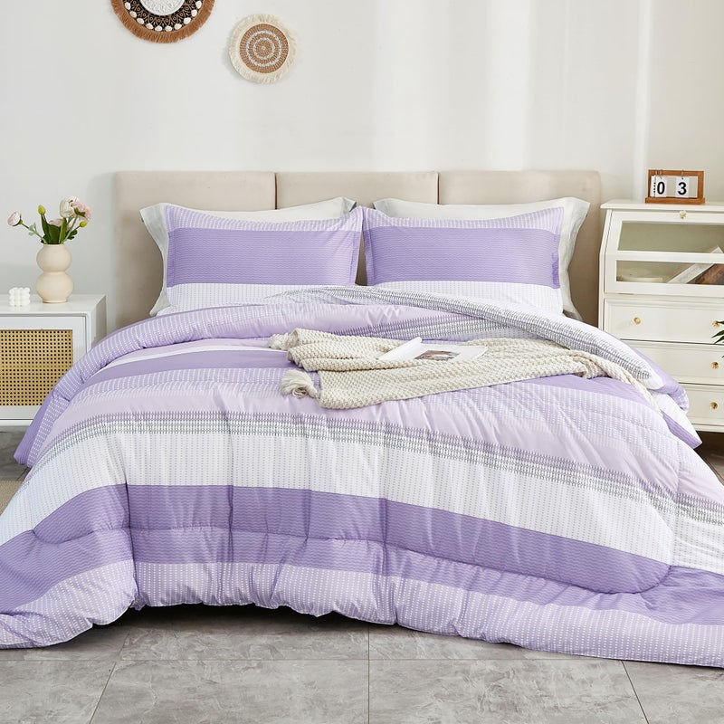 Litanika Litanika Lavender Comforter Set Queen - 3 Pieces Lightweight Lavender Purple White Colorblock Stripe Fluffy Bedding Comforter Sets  All Season Bed Set  - Image 1