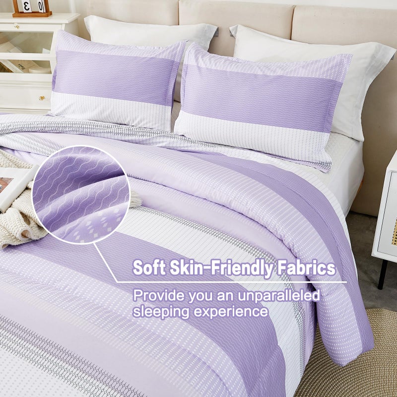 Litanika Litanika Lavender Comforter Set Queen - 3 Pieces Lightweight Lavender Purple White Colorblock Stripe Fluffy Bedding Comforter Sets  All Season Bed Set  - Image 4