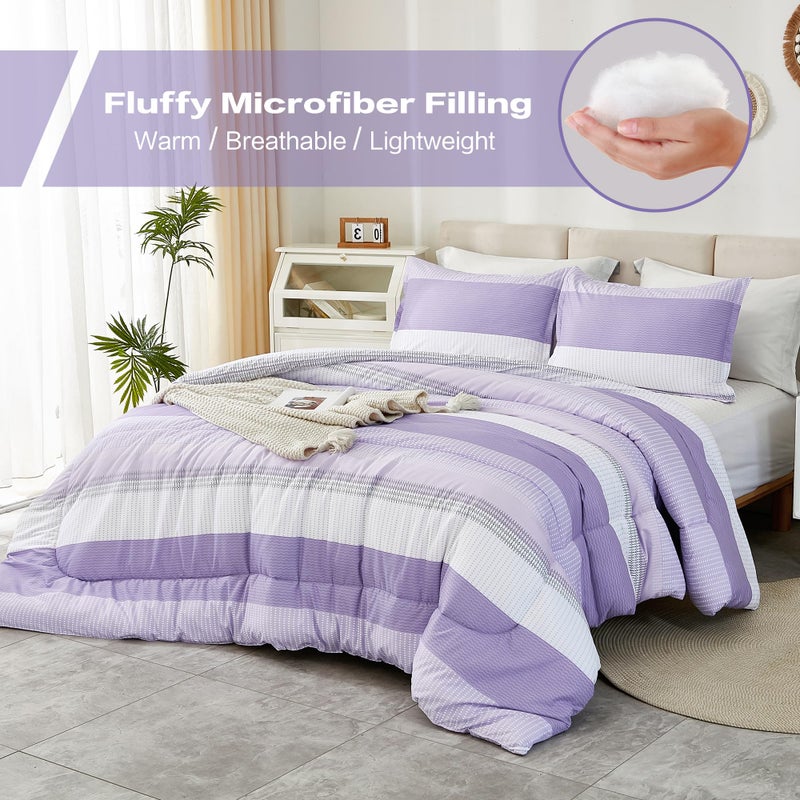 Litanika Litanika Lavender Comforter Set Queen - 3 Pieces Lightweight Lavender Purple White Colorblock Stripe Fluffy Bedding Comforter Sets  All Season Bed Set  - Image 5