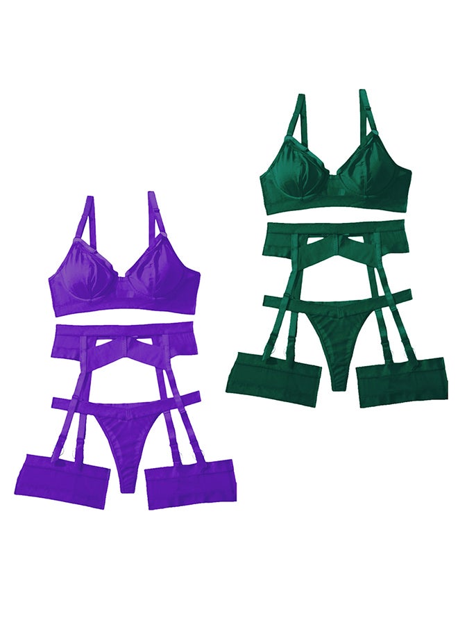 MARGOUN 2 Pack Large Size Women Sheer Mesh Garter Lingerie Set Strappy Teddy Babydoll Bra and Panty with Leg Ring 4 Piece Lingerie Set - Image 2