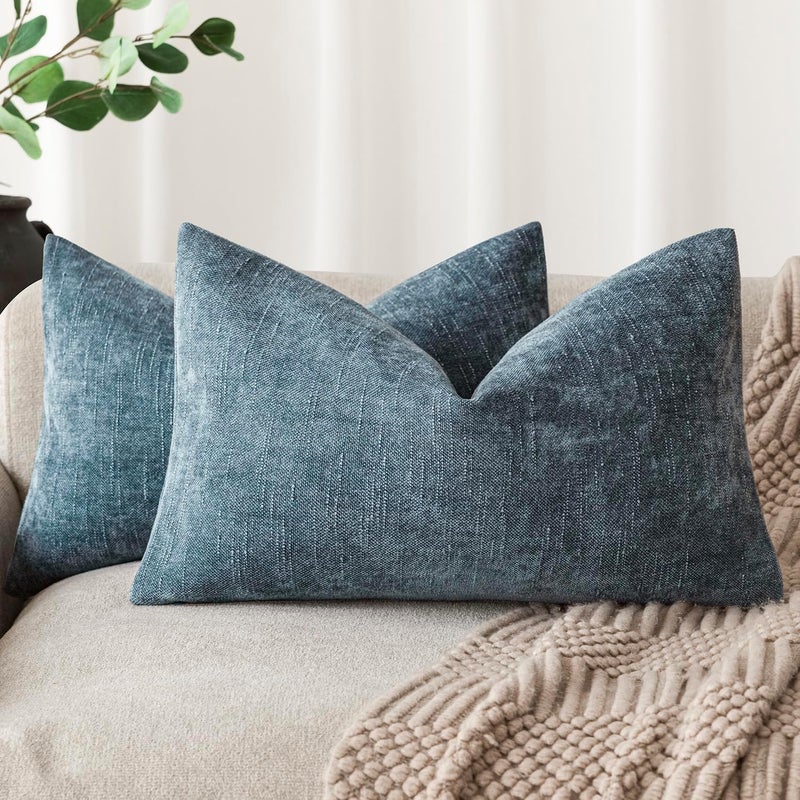 Foindtower Pack of 2 Textured Chenille Throw Decorative Pillow Covers Square Accent Solid Cushion Cover Neutral Farmhouse Lumbar Pillow Case for Couch Sofa Bedroom Living Room 12x20 Inch,Blue - Image 1