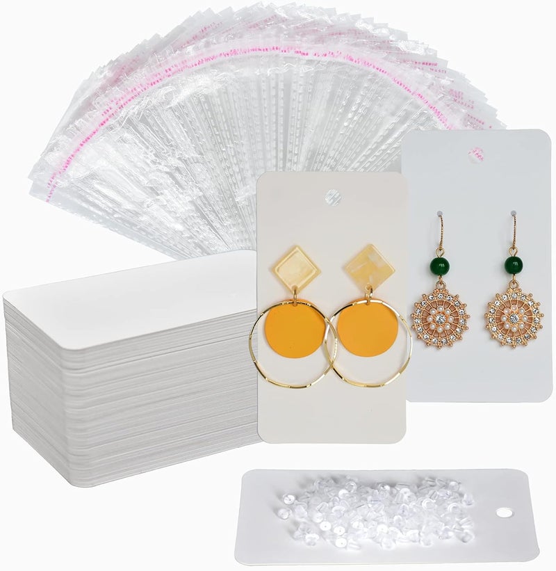 Twavang Earring Card Holder Set, 100Pcs Kraft Paper Earring Display Cards, 100 Pairs Clear Earring Backs with 100Pcs Self Adhesive Bags for Earrings Jewelry Display (White, 3.5" x 2") - Image 1