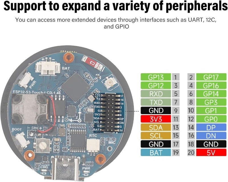 Diyeeni for S3R8 Development Board, 1.46inch Touch Round Display Development Board 412×412 Resolution, 32bit LX7 Processor, Support 2.4G WiFi & Bluetooth, Type C Interface - Image 5