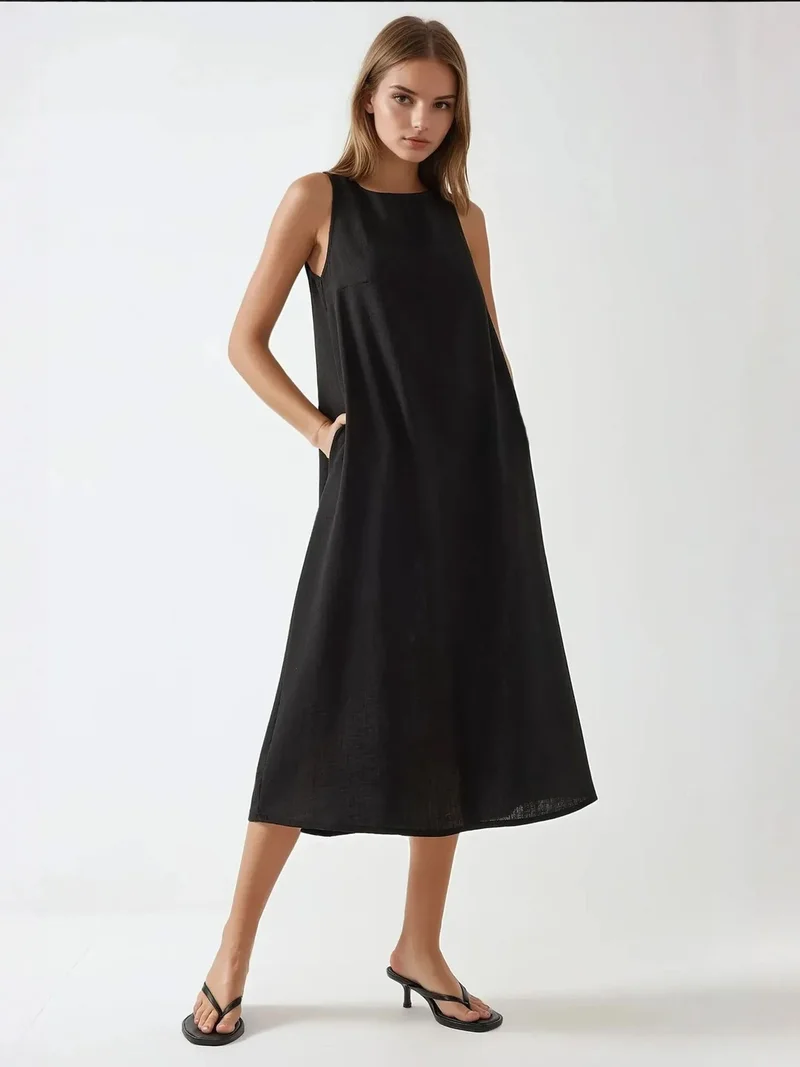 HICCUP Black Linen Feel Sleeveless Crew Neck Midi Dress for Women | Best Price UAE