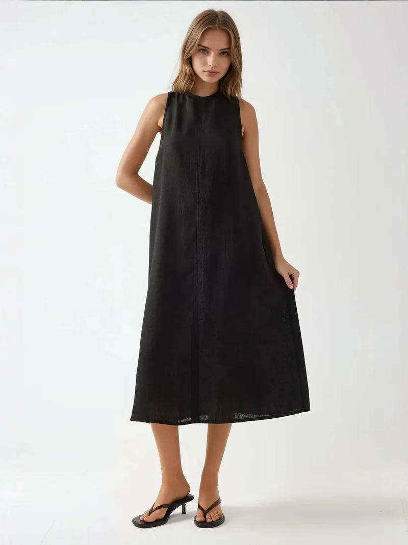 زوبعة فستان ميدي بياقة دائرية بدون أكمام بملمس الكتان