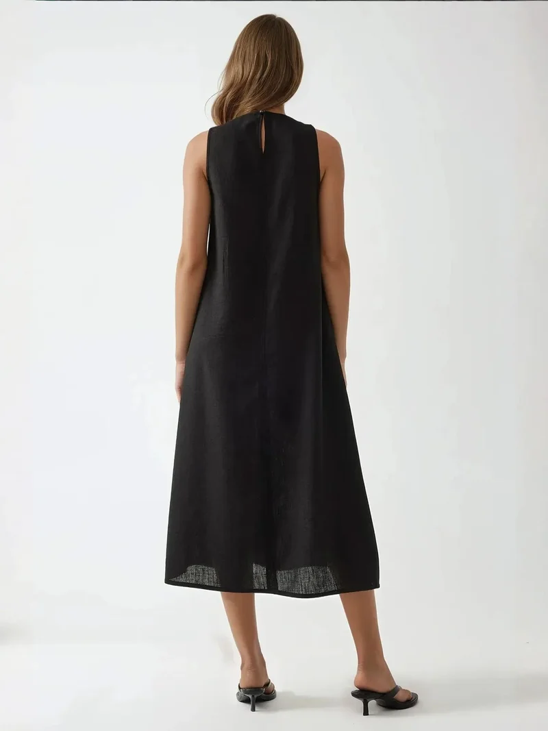 HICCUP Black Linen Feel Sleeveless Crew Neck Midi Dress for Women | Best Price UAE