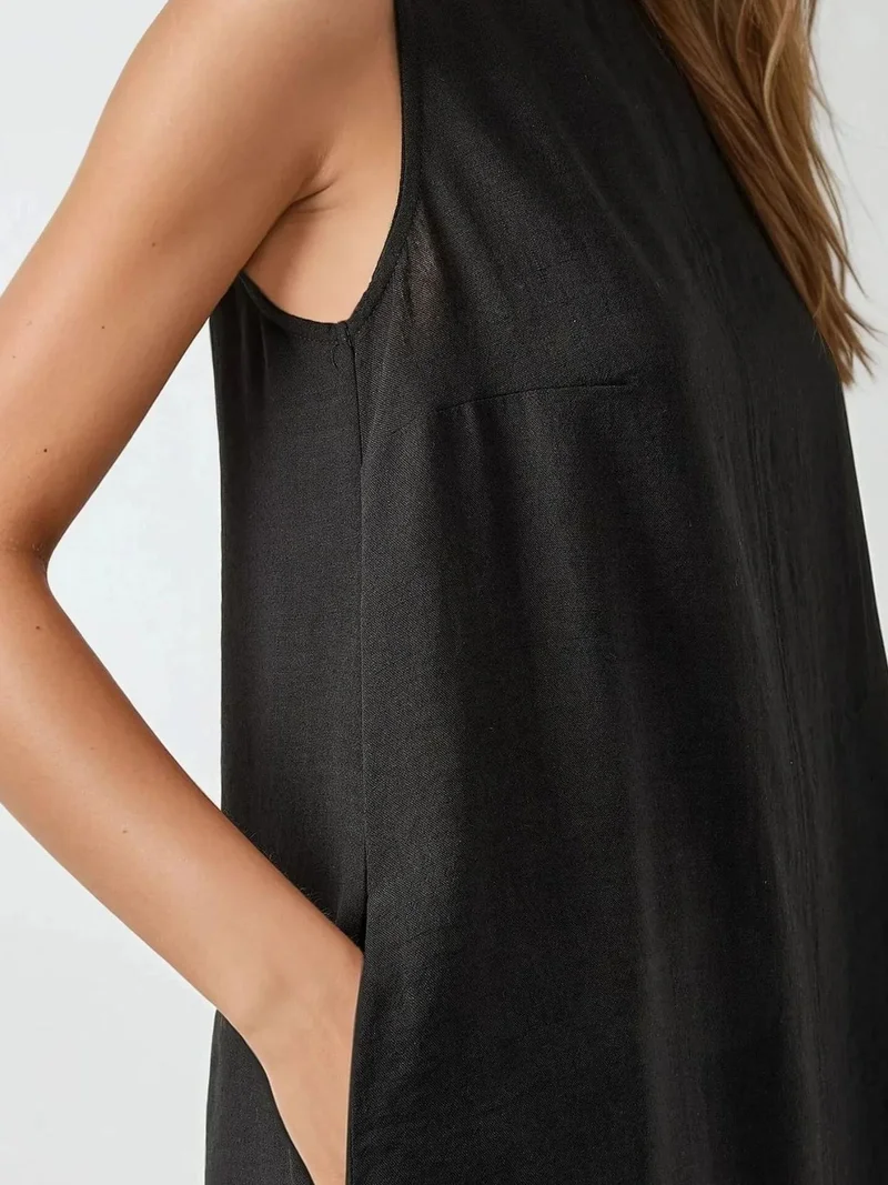 HICCUP Black Linen Feel Sleeveless Crew Neck Midi Dress for Women | Best Price UAE