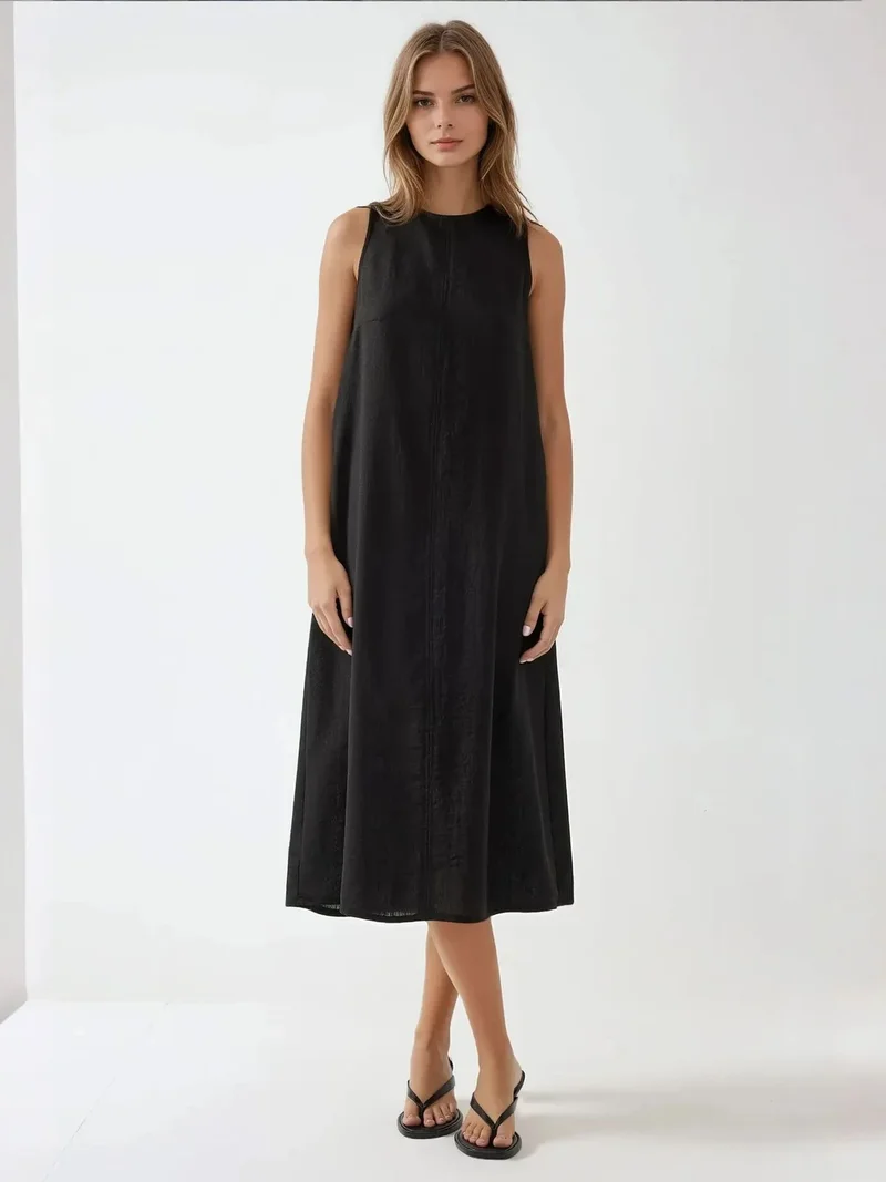 زوبعة فستان ميدي بياقة دائرية بدون أكمام بملمس الكتان