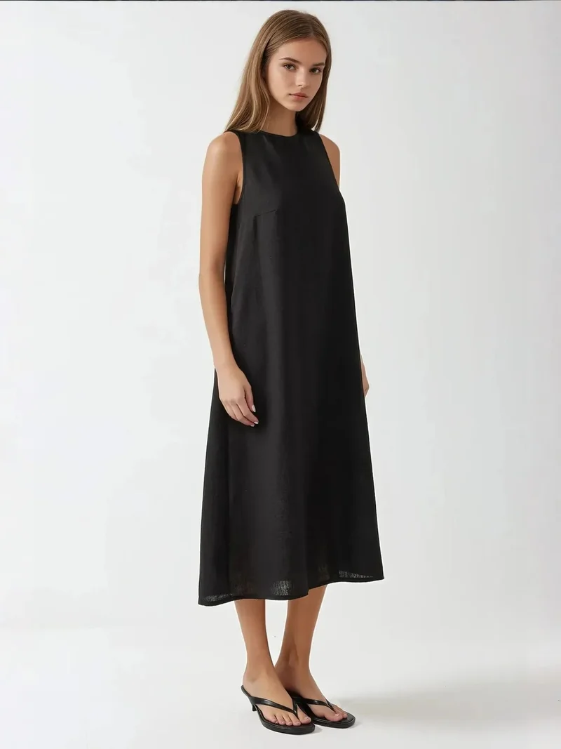HICCUP Black Linen Feel Sleeveless Crew Neck Midi Dress for Women | Best Price UAE