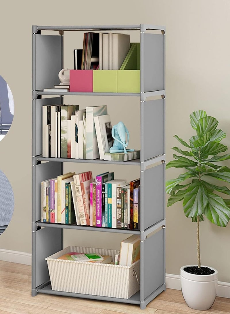 بلومنغ تايم منظم رفوف تخزين مكعب رمادي بأربعة طبقات - خزانة كتب مصنوعة من المعدن والقماش، مناسبة لغرفة المعيشة، غرفة النوم، غرفة الأطفال - Image 1