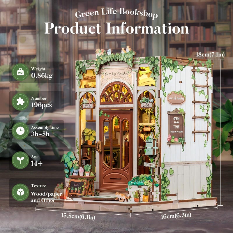 Fsolis Book Nook Kit, 3D Wooden Puzzles for Adults, 196 pcs, DIY Miniature House Kit Mini Building Booknook Bookstore Bookshelf Diorama Gifts for Readers Book Lovers (Green Life's Bookshop) - Image 2