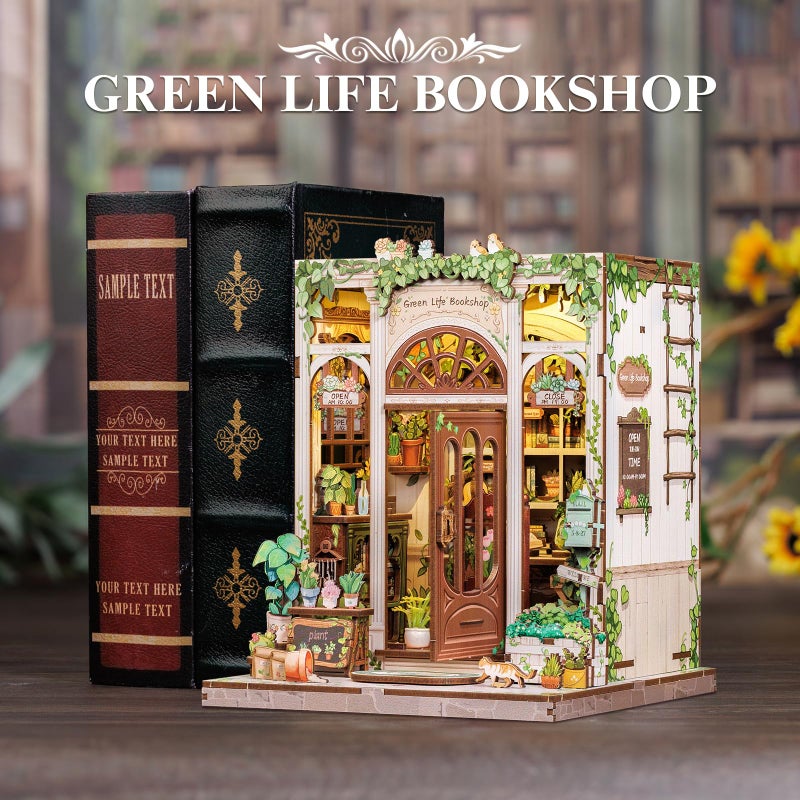 Fsolis Book Nook Kit, 3D Wooden Puzzles for Adults, 196 pcs, DIY Miniature House Kit Mini Building Booknook Bookstore Bookshelf Diorama Gifts for Readers Book Lovers (Green Life's Bookshop) - Image 3