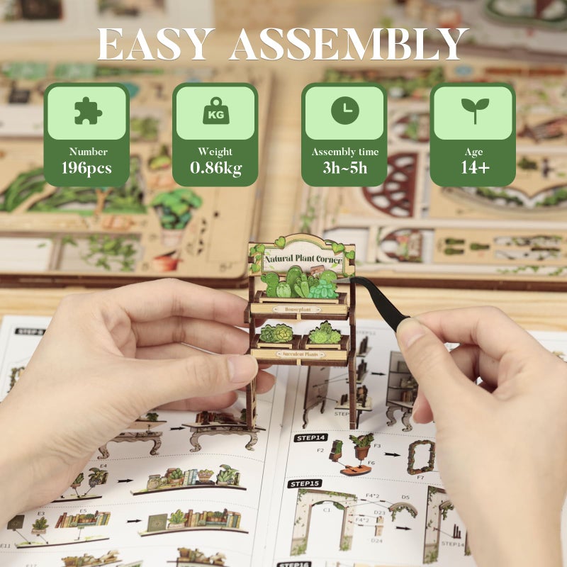 Fsolis Book Nook Kit, 3D Wooden Puzzles for Adults, 196 pcs, DIY Miniature House Kit Mini Building Booknook Bookstore Bookshelf Diorama Gifts for Readers Book Lovers (Green Life's Bookshop) - Image 5