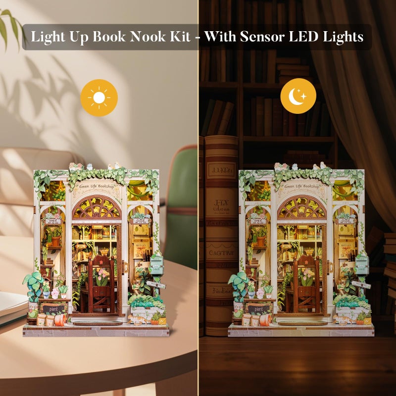 Fsolis Book Nook Kit, 3D Wooden Puzzles for Adults, 196 pcs, DIY Miniature House Kit Mini Building Booknook Bookstore Bookshelf Diorama Gifts for Readers Book Lovers (Green Life's Bookshop) - Image 4