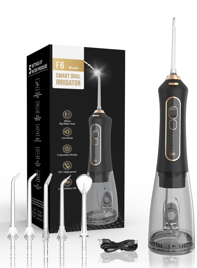 Water Flosser For Teeth Cordless 300Ml Portable Oral Irrigator Flosser 5 Cleaning Modes And 5 Jet Tips, Ipx7 Waterproof - Black - Image 1