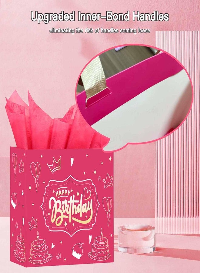 DUGUTUL Raised 13 inch Happy Birthday Gift Bag - Wrinkle-free Front and Back, 3x Traditional Load Capacity, Inner Wrap Handle, Gold Foil "Happy Birthday", Pink Festival Pattern Handkerchief and Card - Image 2
