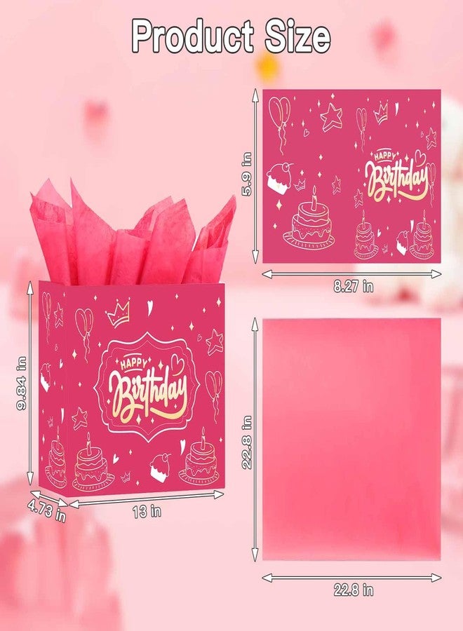DUGUTUL Raised 13 inch Happy Birthday Gift Bag - Wrinkle-free Front and Back, 3x Traditional Load Capacity, Inner Wrap Handle, Gold Foil "Happy Birthday", Pink Festival Pattern Handkerchief and Card - Image 4