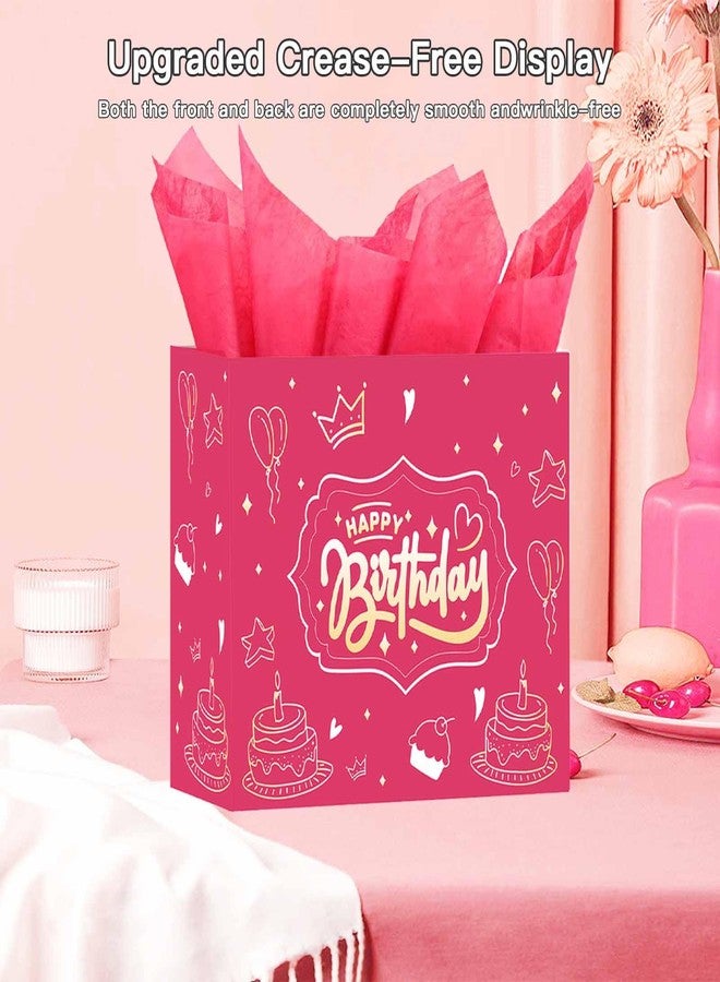 DUGUTUL Raised 13 inch Happy Birthday Gift Bag - Wrinkle-free Front and Back, 3x Traditional Load Capacity, Inner Wrap Handle, Gold Foil "Happy Birthday", Pink Festival Pattern Handkerchief and Card - Image 5