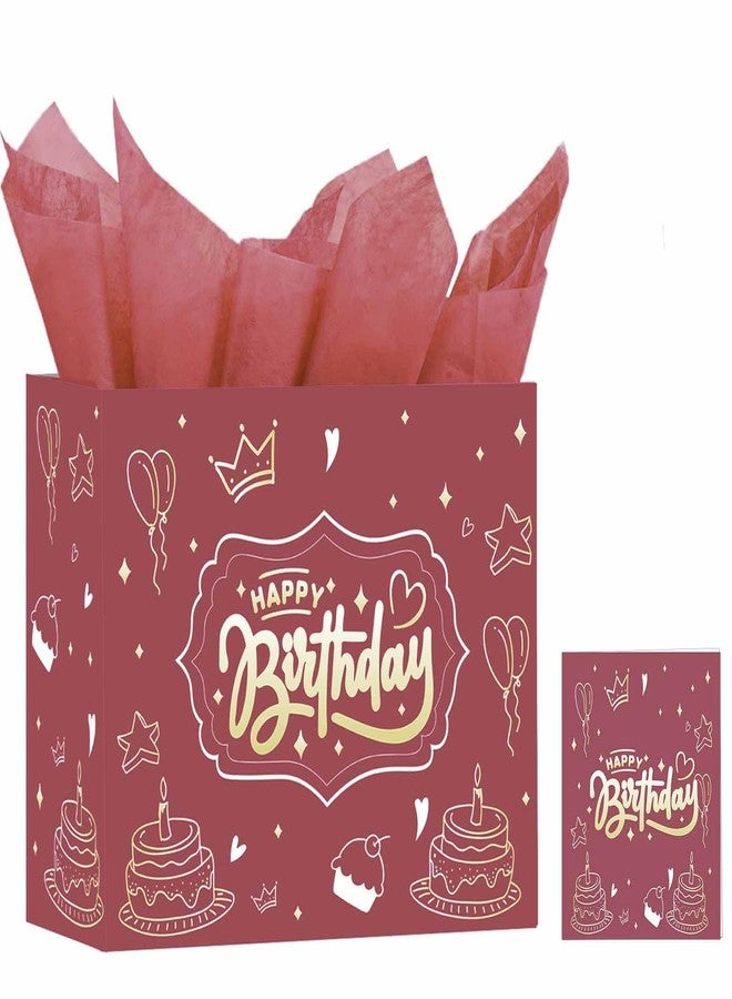 DUGUTUL Raised 13 inch Happy Birthday Gift Bag - Wrinkle-free Front and Back, 3x Traditional Load Capacity, Inner Wrap Handle, Gold Foil "Happy Birthday", Pink Festival Pattern Handkerchief and Card - Image 1