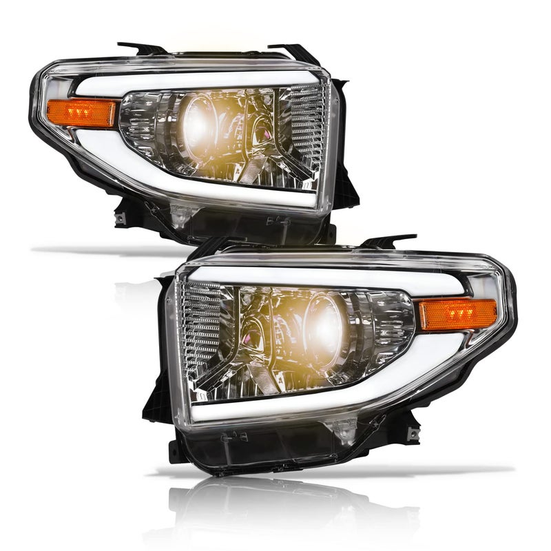 Alpha Owls 8711590 Projector Headlights With White LED Light Bar Chrome Amber Fits 20142021 Toyota Tundra SR SR5 LimitedTRD Pro Without Level Adjuster