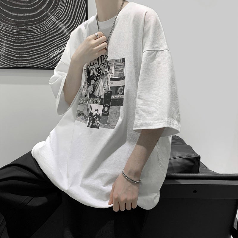 Men's Short-Sleeved T-Shirt with Hong Kong Style Ins Trendy Print, Summer 2025 Korean Version Loose Trendy Brand Half-Sleeve Tee - Image 1