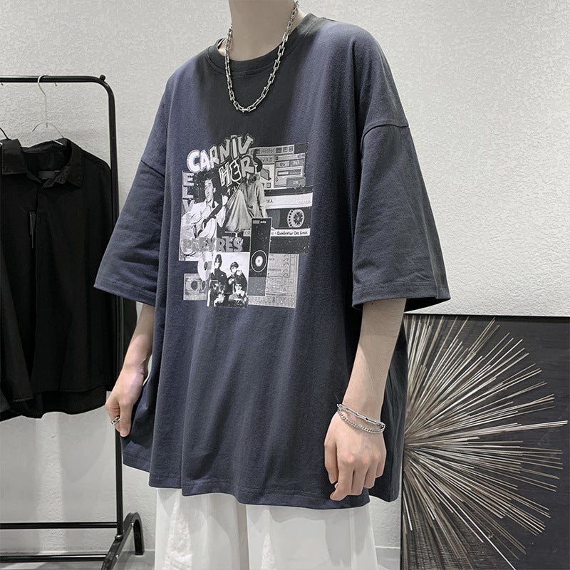 Men's Short-Sleeved T-Shirt with Hong Kong Style Ins Trendy Print, Summer 2025 Korean Version Loose Trendy Brand Half-Sleeve Tee - Image 2