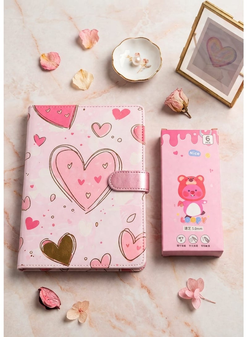 Cute 6-piece girls' notebook set + gel pens – heart-shaped notebook designs in various shapes - Image 1