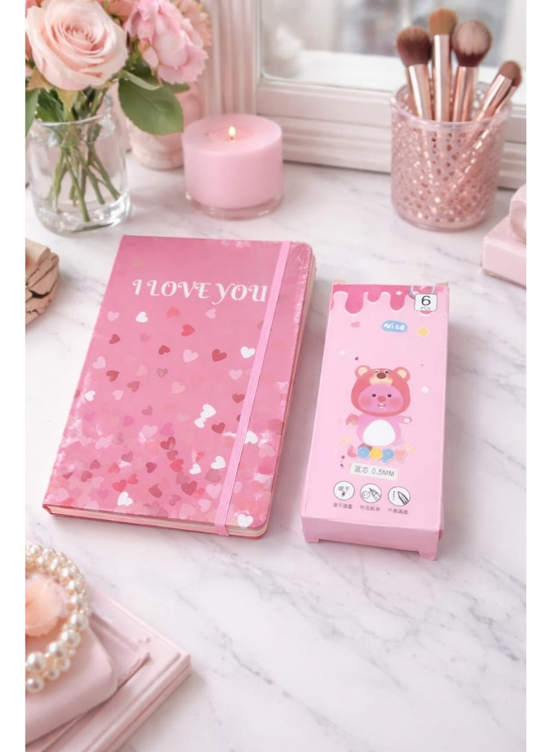 Cute 6-piece girls' notebook set + gel pens – heart-shaped notebook designs in various shapes - Image 2