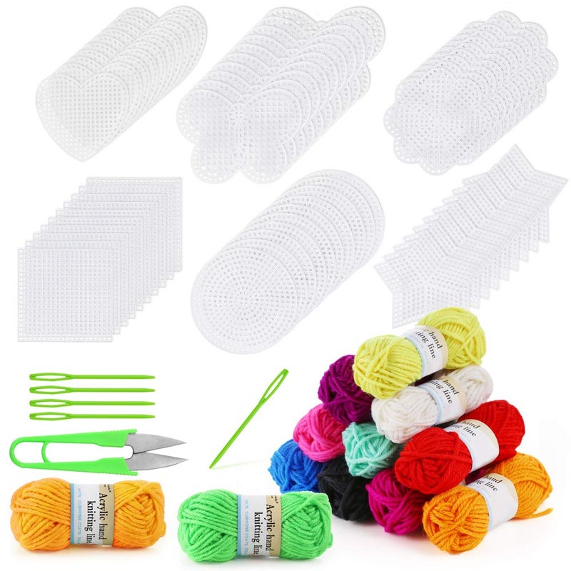 Pllieay 60 Pieces Mesh Plastic Canvas Kit Including 6 Shapes 3 Inch Clear Plastic Canvas, 12 Colors Acrylic Yarn and Tools for Embroidery Plastic Canvas Craft, Knit and Crochet Projects - Image 1