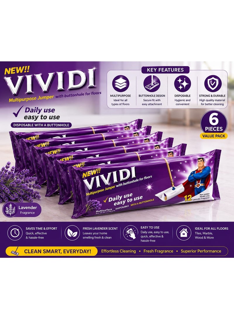 أوراق غيار ممسحة VIVIDI متعددة الاستخدامات وتُستعمل لمرة واحدة – برائحة اللافندر، مناديل تنظيف الأرضيات | عبوة اقتصادية مكونة من 6 حزم (12 ورقة في كل حزمة) - Image 1
