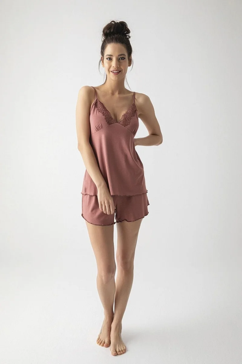 Monamise 19310 Women's Brown Lace Rope Suspender Shorts Set