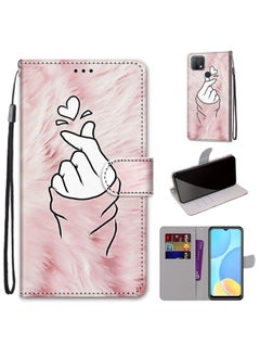 HuHa Case Cover For OPPO A15 / A15s Coloured Drawing Cross Texture Horizontal Flip PU Leather Case with Holder & Card Slots & Wallet & Lanyard Pink Hands Heart 