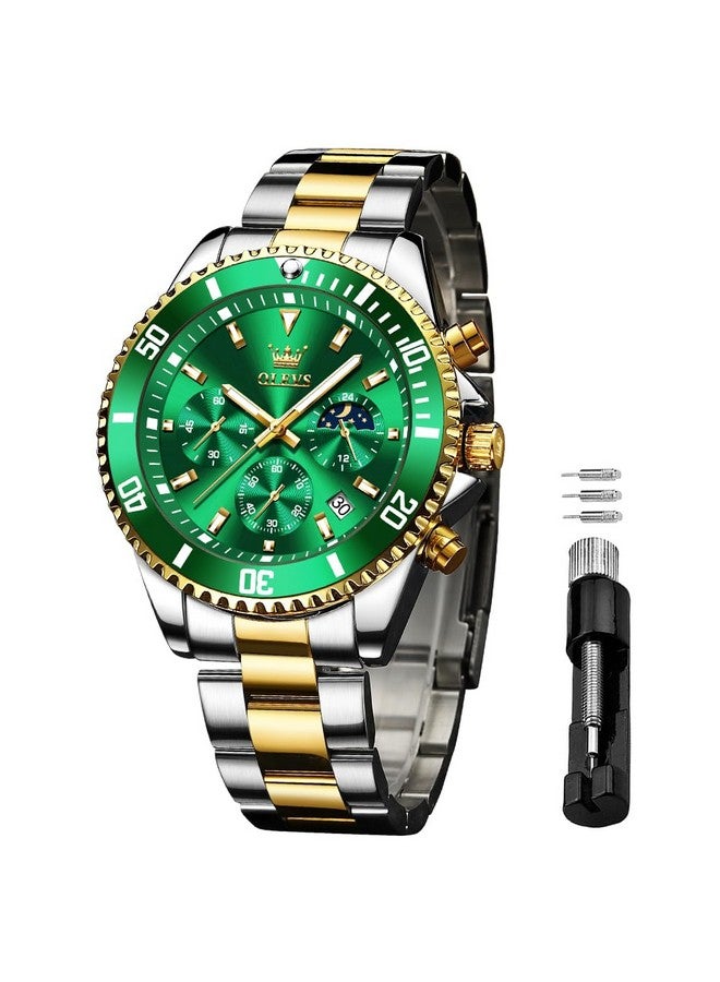 أوليفز ساعة OLEVS للرجال كرونوغراف كوارتز مرحلة القمر الأخضر الفاخرة الرسمية ذات اللونين من الفولاذ المقاوم للصدأ ومقاومة للماء وساعة التاريخ والتقويم للأعمال المضيئة - Image 1