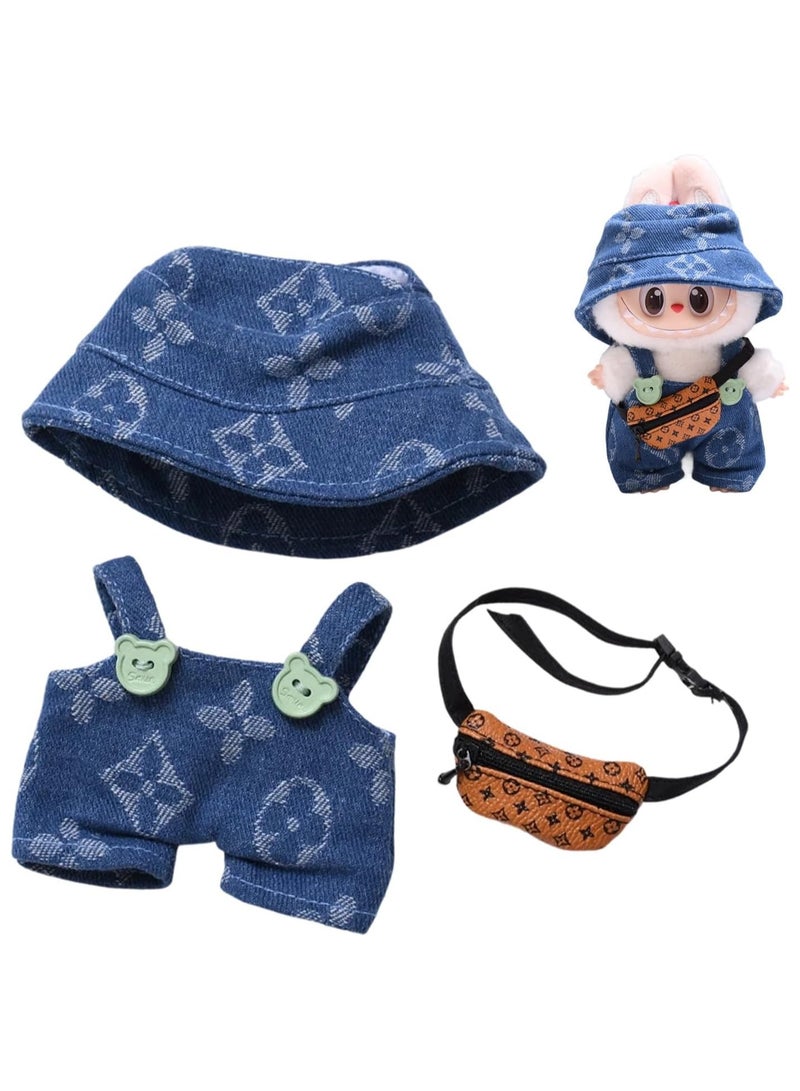 BRIXSPARK Doll Clothes for Labubu - Clothes Outfit Set for 17cm labubu - Fashion Hat+Overalls+Bag Outfit Set,Luxury Doll Clothing & Style Bundle(No Doll,Just Clothes)-Blue + Brown Bag