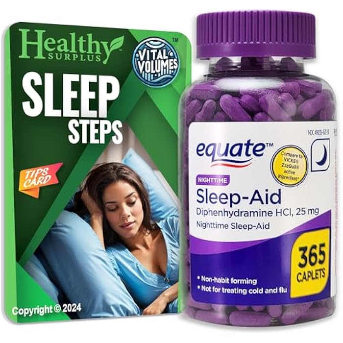 Healthy Surplus Equate Sleep-Aid Diphenhydramine HCI 25 mg 365 Caplets and Vital Volumes Sleep Steps Tips Card - Image 1