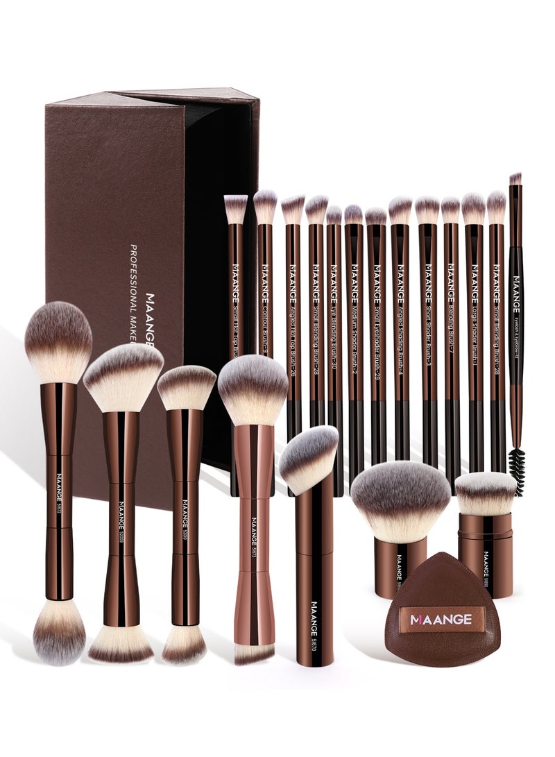 MAANGE فرش مكياج مع حقيبة، مجموعة فرش مكياج احترافية 21 قطعة، مجموعة فرش كابوكي للوجه، فرش أساس، أحمر خدود، بودرة، فرش ظلال عيون و 1 قطعة إسفنجة بودرة (بني) - Image 1
