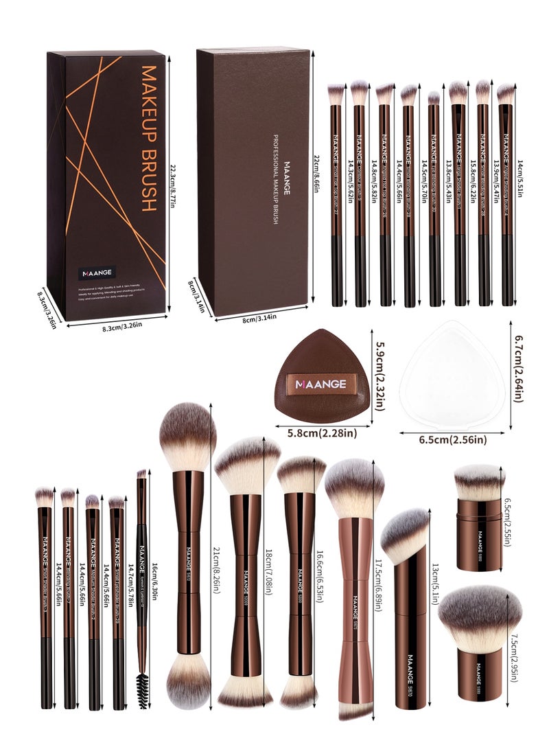 MAANGE فرش مكياج مع حقيبة، مجموعة فرش مكياج احترافية 21 قطعة، مجموعة فرش كابوكي للوجه، فرش أساس، أحمر خدود، بودرة، فرش ظلال عيون و 1 قطعة إسفنجة بودرة (بني) - Image 3