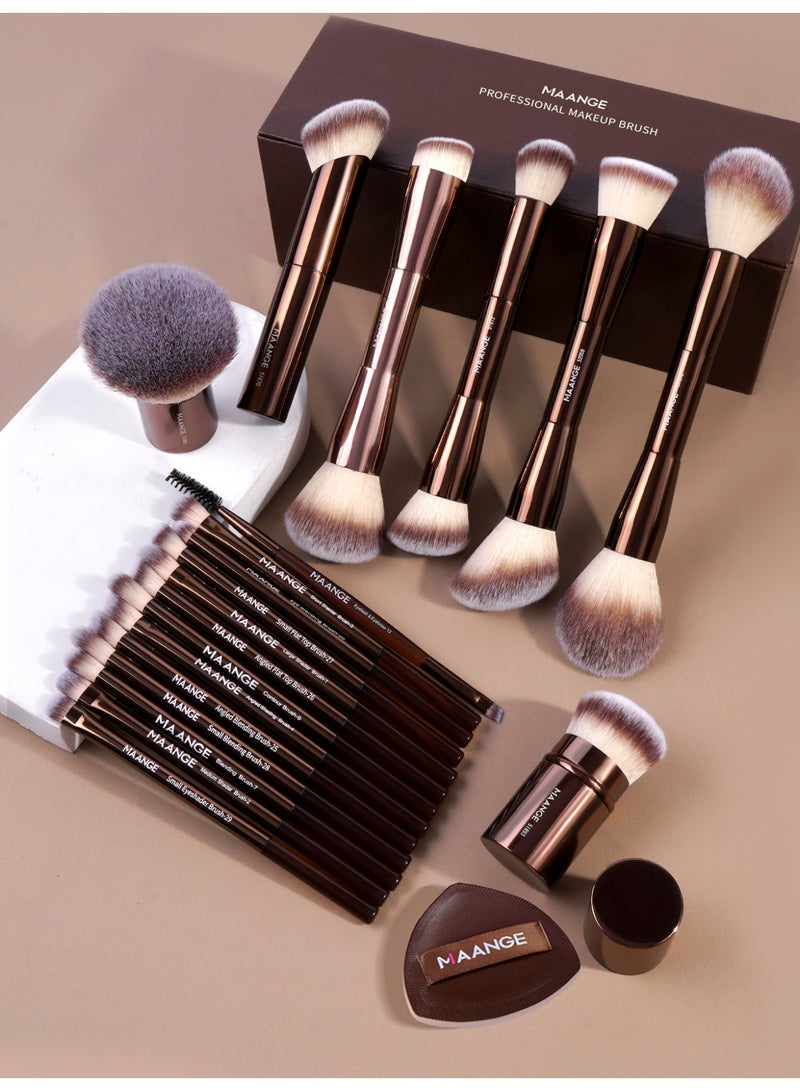MAANGE فرش مكياج مع حقيبة، مجموعة فرش مكياج احترافية 21 قطعة، مجموعة فرش كابوكي للوجه، فرش أساس، أحمر خدود، بودرة، فرش ظلال عيون و 1 قطعة إسفنجة بودرة (بني) - Image 2
